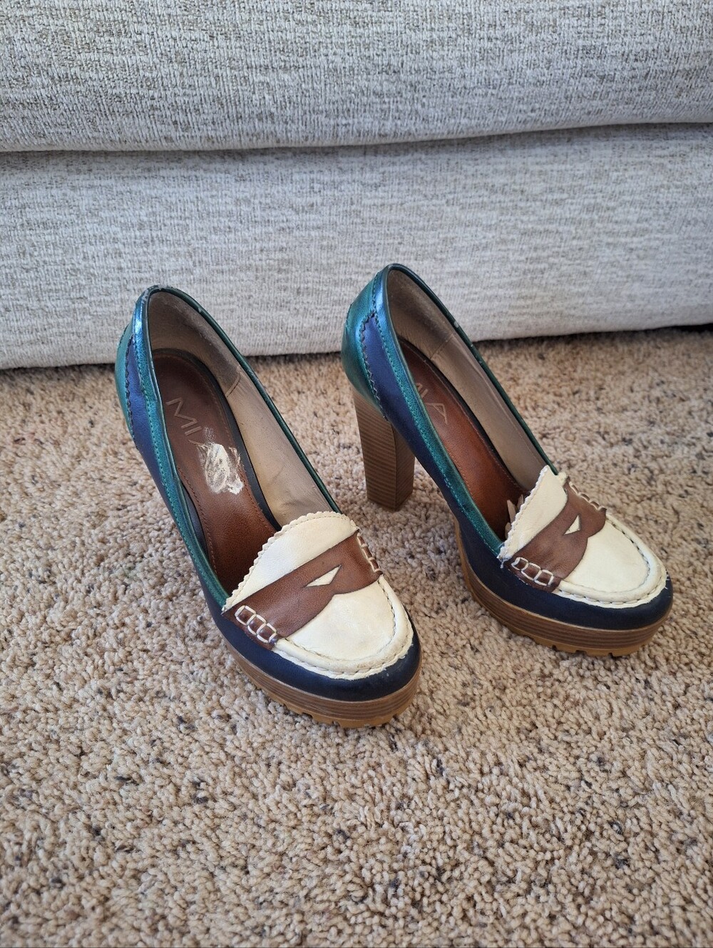 MIA Teal Blue Platform Loafer Heels with Cream & Brown Accents